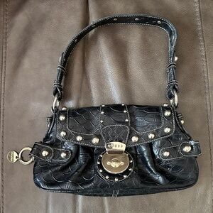 Vintage Guess Black Croc-Embossed Shoulder Bag with Gold Details